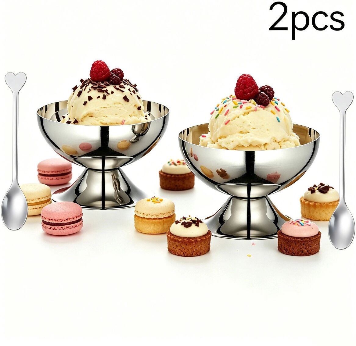 INF 2-teiliges Eisbecher- und Dessertbecher-Set aus 304-Edelstahl, Silber, mit niedrigem Fuß