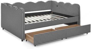 Full Size Cozy Gingham Daybed with Two Storage Drawers, with USB Port and Adorable Wave Shaped