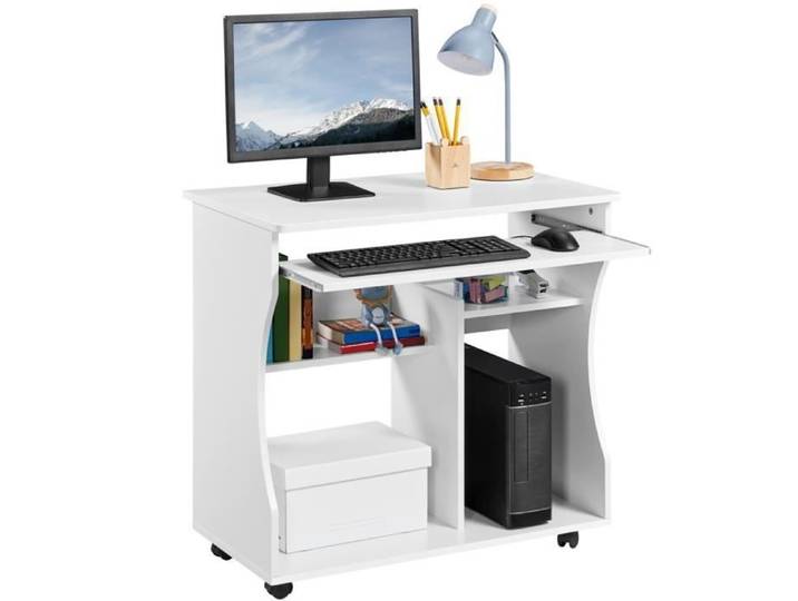 Bureau Informatique Roulant -80x48x76 cm - Table Ordinateur - Grand Support Clavier Coulissant Meuble de Bureau 4 étagère Yaheetech