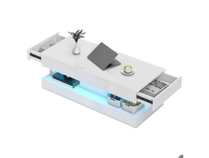 Table basse salon - Table basse moderne - LED 12 couleurs - Rangement 2 tiroirs - Laqué blanc