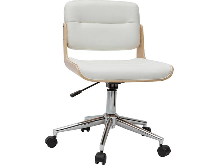 Chaise de bureau à roulettes design blanc, bois clair et acier chromé ARAMON