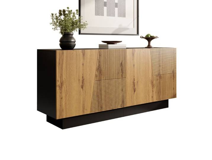 Buffet bas moderne 160 cm noir et décor bois avec étagère réglable