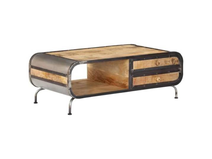 GHVBNMF Couchtisch Massivholz Mango 100x50x35 cm mit Schubladen Rustikaler Beistelltisch aus Mangoholz und Eisen für das Wohnzimmer mit zwei Schubladen und Fach für Medien.