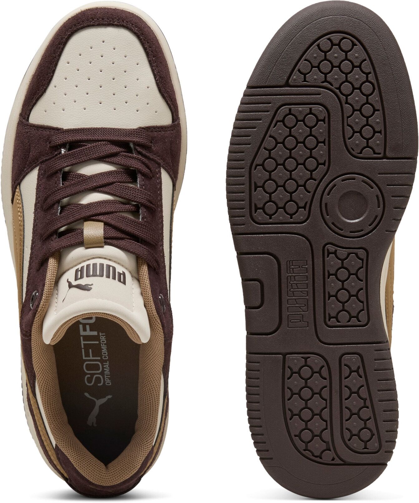Sneaker PUMA "REBOUND FEMME LOW SD", Damen, Gr. 37, Textil, braun (alpine snow, soft taupe, chocolate fondue), Leder, mehrfarbig, Schuhe Sneaker, für sportliche und lässige Looks, mit Leder-Obermaterial alpine snow, soft taupe, chocolate fondue 37, Textil