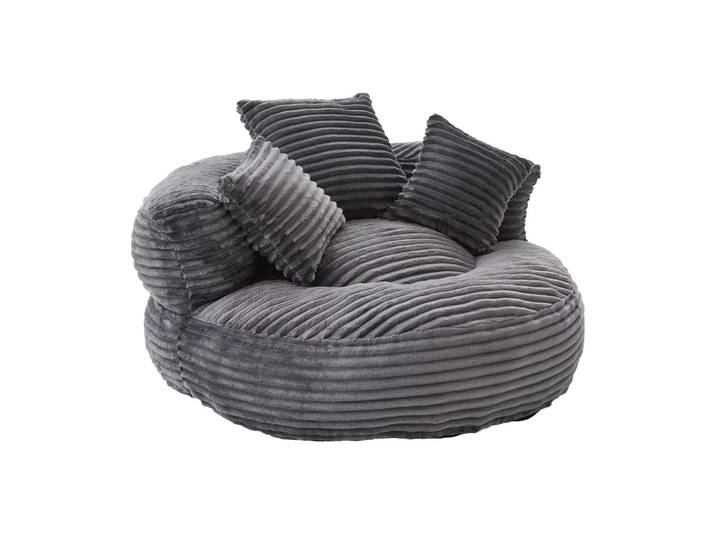 Grand fauteuil rond en velours côtelé gris chaise lounge avec coussins