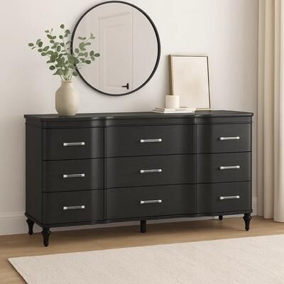 Benjara Eleena 6 Drawer Wide Dresser, Black Solid Wood, Acrylic Handles