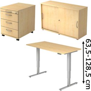 Hammerbacher Büromöbel-Set X-Serie, Schreibtisch, Rollcontainer & Schrank, ahorn