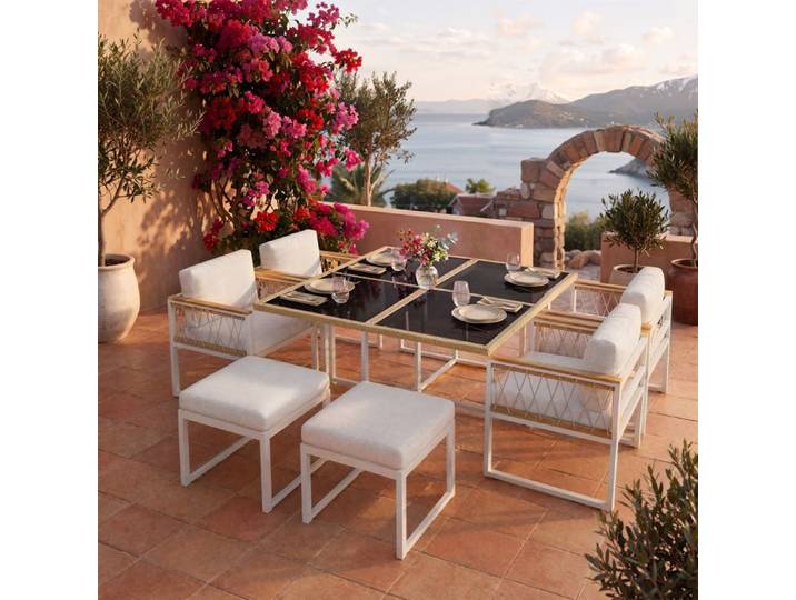 Ce mobilier de jardin de 7 pièces peut accueillir 6 personnes Cet ensemble comprend une table carrée (117x117 cm)