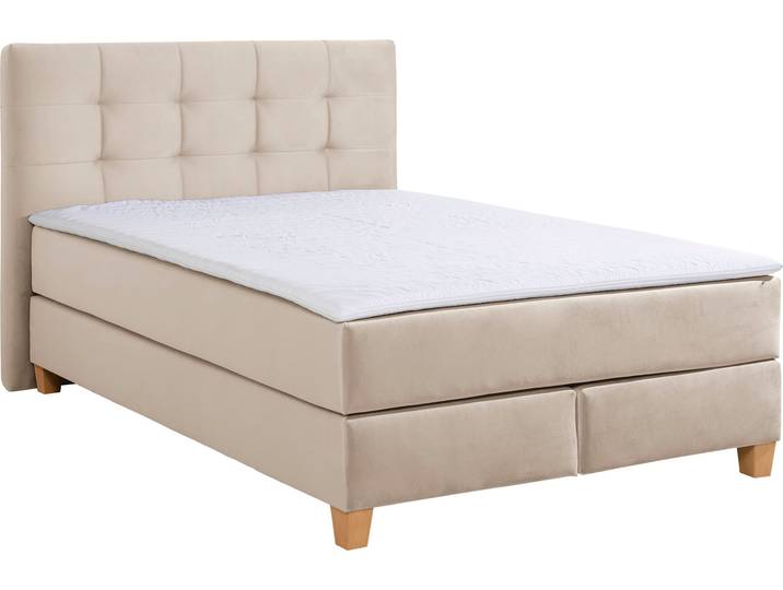 Boxspringbett, Samtstoff, Beige, 154×231 cm, Inklusive Topper, Klassisch, Home Affaire
