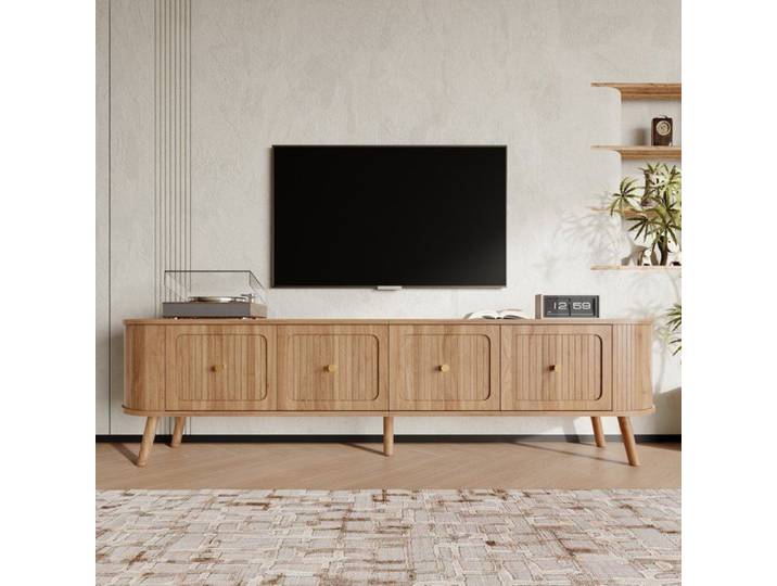 Meuble TV moderne meuble TV meuble TV bas. Quatre portes poignées dorées pieds en bois 180x38x47cm MDF Chêne