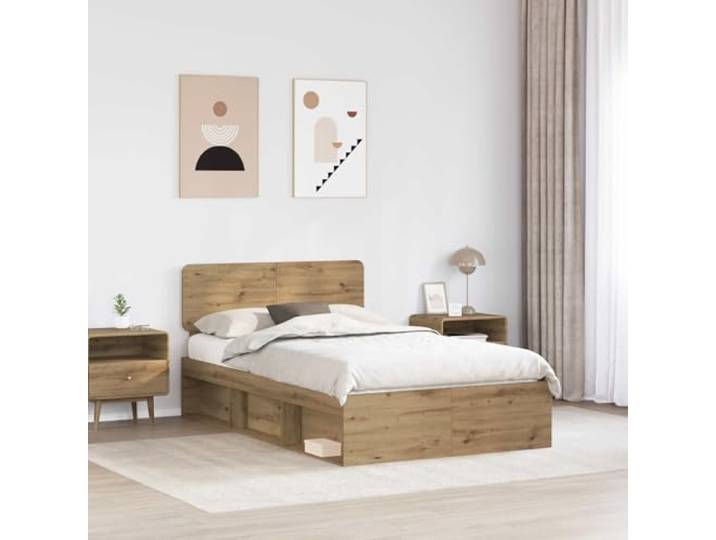 SKTQYQO Bettgestell Eiche Handwerk 120 x 190 cm Technisches Holz, Kopfteil aus massiver Kiefer, feste Latten, Kapazität 200 kg, einfache Reinigung