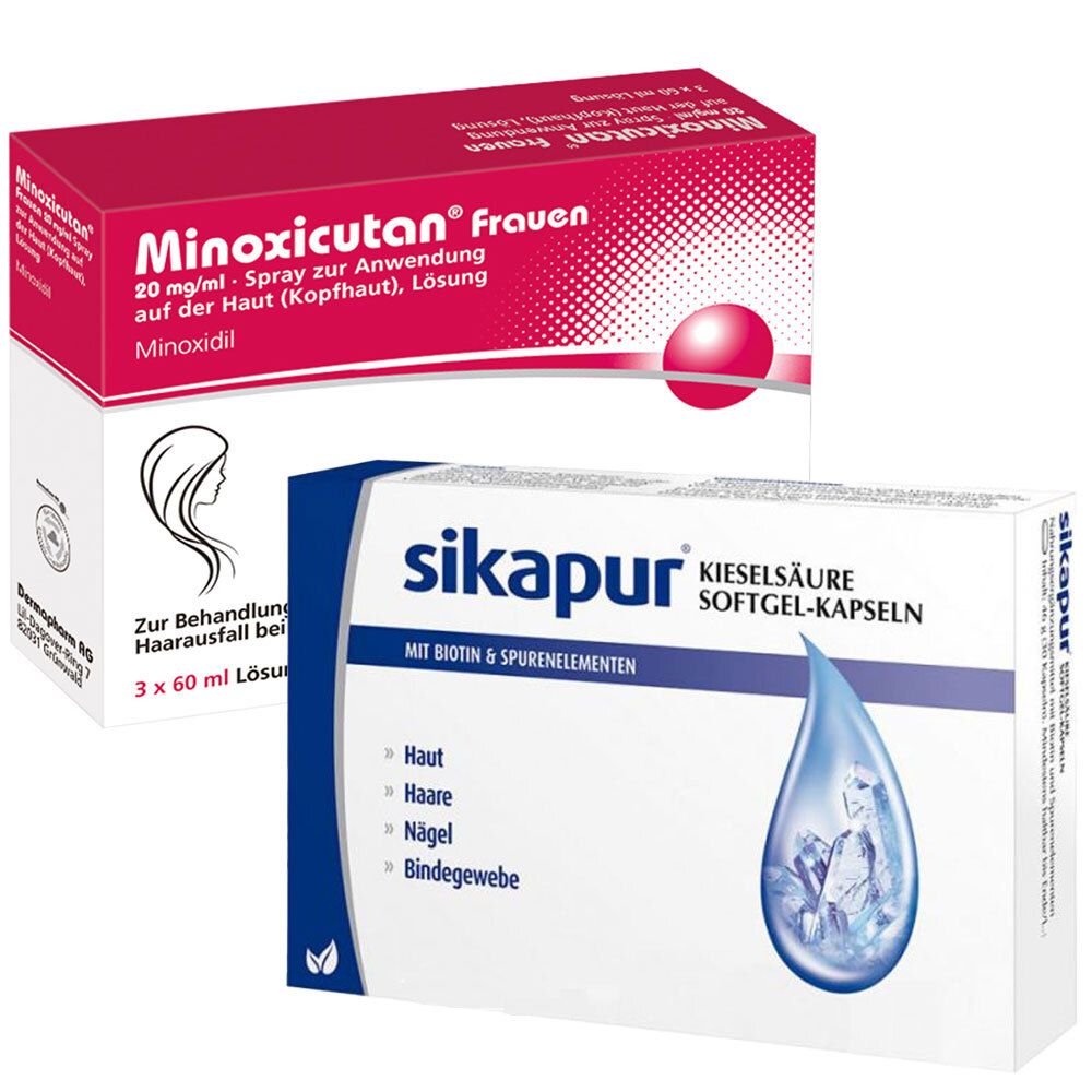 Minoxicutan Frauen 20 mg/ml Spray & Sikapur Kieselsäure Softgel-Kapseln mit Biotin 1 St Set