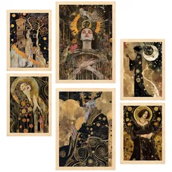 POSTER Set Mit 6 Tarotkarten Arcana Schwarz & Goldfarben A3 & A4 Rahmen Aus Hellem Holz