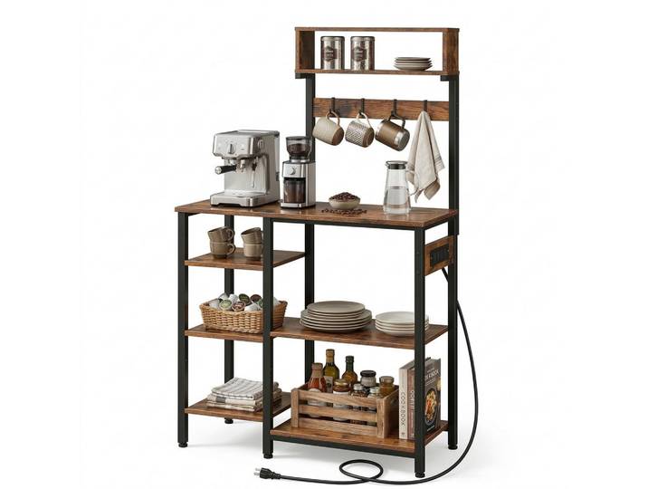 Relaxdays Küchenregal Vintagebraun Holzoptik mit Doppelsteckdose 2x Usb, Dunkelbraun, Schwarz, Metall, 40x151x82 cm, Küchen, Küchenmöbel