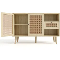 OKWISH Sideboard Kommode Eiche 120x40x80 cm mit 1 Schublade 2 Magnettüren Rattanoptik und verstellbaren Einlegeböden bodenstehend