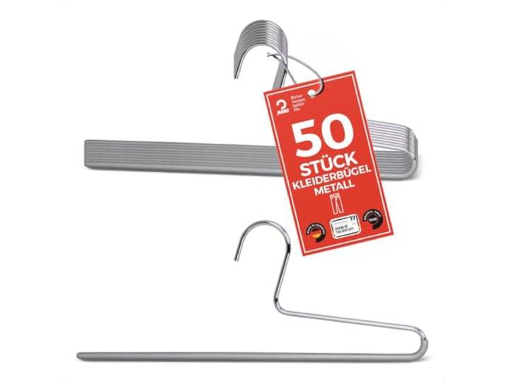 MAWA Hosenbügel, Set mit 50 platzsparenden Kleiderbügel, ideal für Jeans, Stoffhosen und Anzughosen, mit antirutschbeschichtetem Steg, 35 cm, Silber