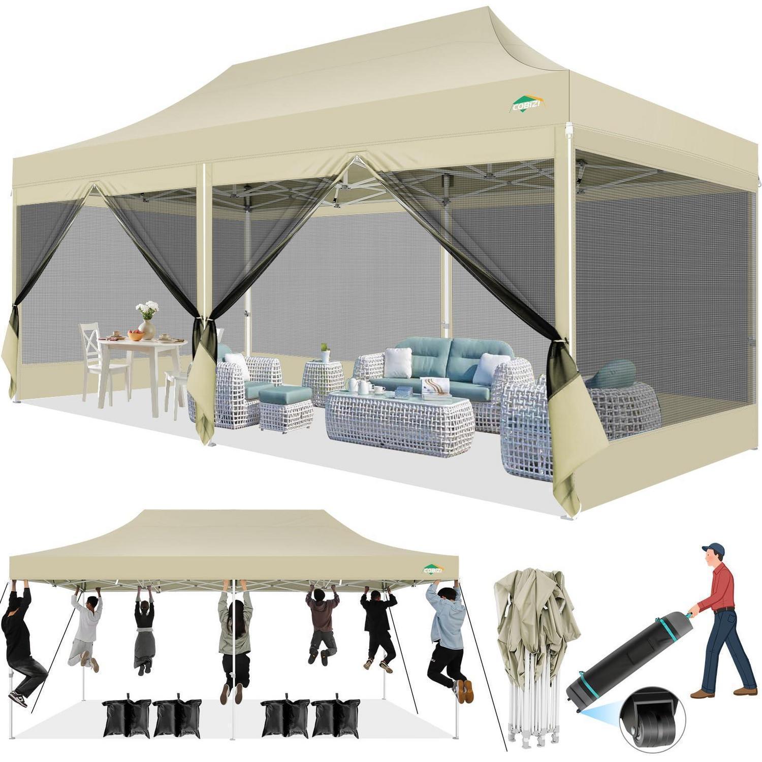 Faltpavillon 3x6m Wasserdicht UV-Schutz mit 6 Mesh-Seitenwänden Khaki