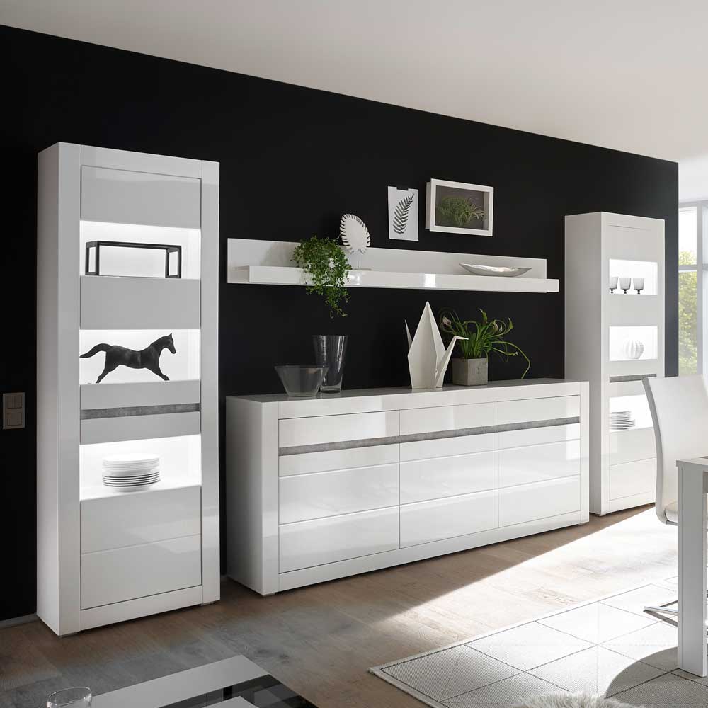 Pharao24.de Design Wohnwand in Weiß Hochglanz und Beton Grau Sideboard (vierteilig)