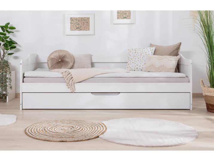 Funktionsbett TICAA Melinda, Daybett, Jugendbett, 2 Schlafplätze, Schublade auf Rollen , weiss (kiefer massiv weiß), B:96cm L:204cm, Daybetten, Funktionsbett, FSC-zertifizierte Kiefer, 2 Rollroste, Massivholz