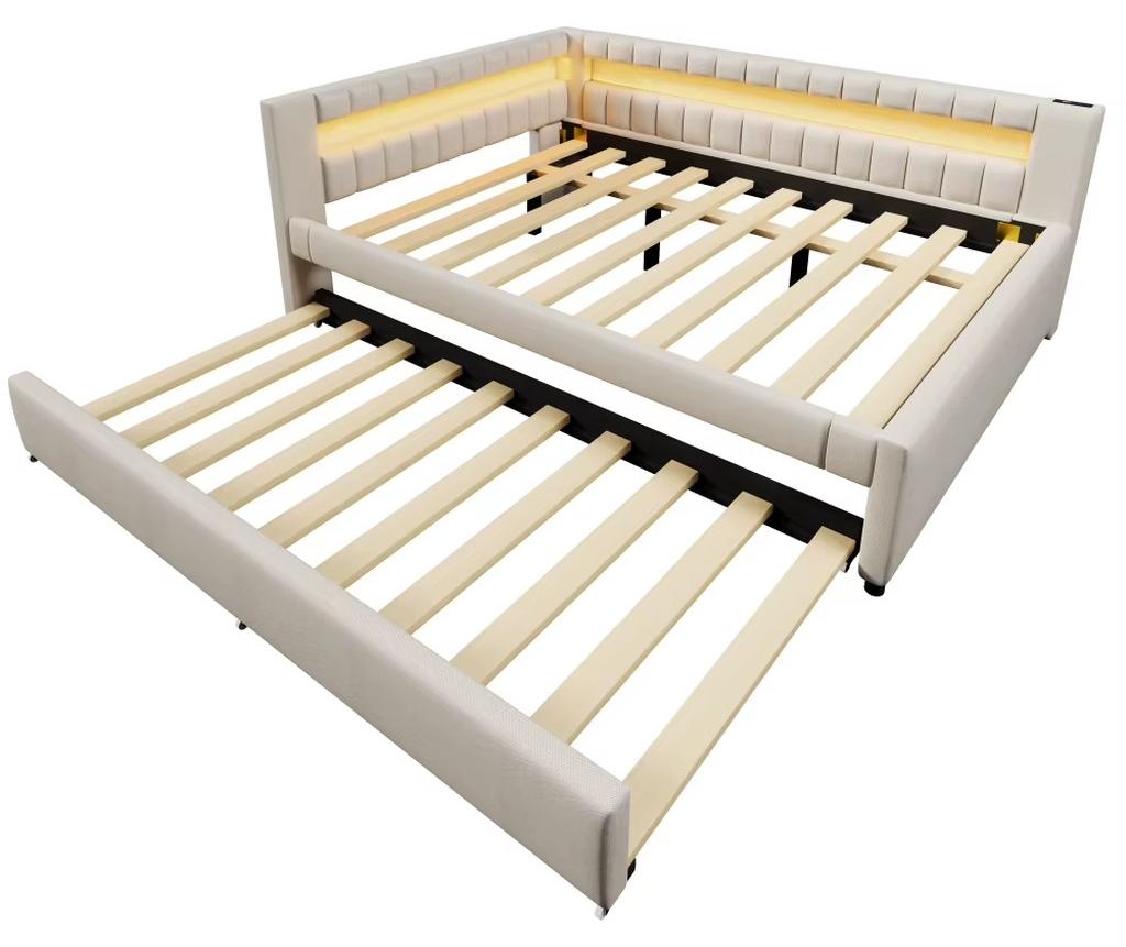 Schlafsofa - 140 x 200 cm - Mit LED-Lichtleiste am Fußende - Ausziehbare Liegefläche - Ohne Matratze - Leinenbezug - Beige