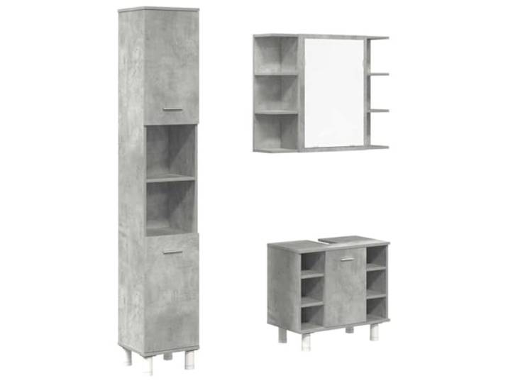 POUFGDR Badezimmermöbel-Set, 3-teilig, grau, Beton, Schrank zur Holzwerkstoff, glatte Oberfläche, Oberseite mit Loch für Spüle, geschlossene Tür, Wandbefestigung im Lieferumfang enthalten