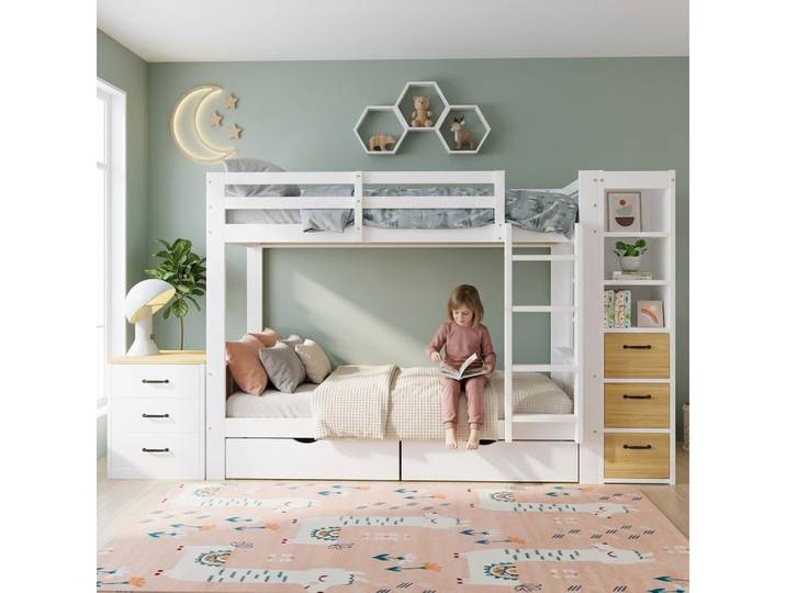 i@home Etagenbett Kinderbett 90x200 cm, Etagenbett mit Stauraumtreppe, mit Bettkästen, Multifunktionsbett, Bettgestell mit Fallschutzgitter für 2 Kinder,weiß