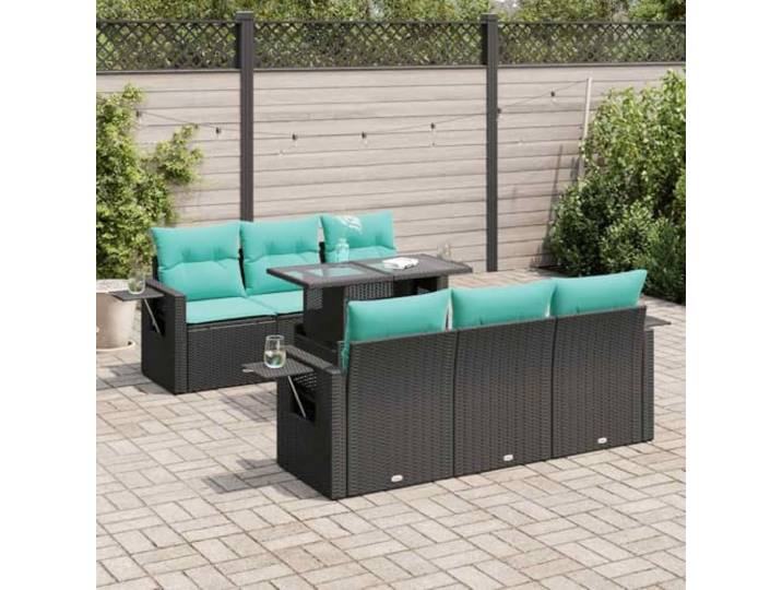 KTHLBRH Gartenmöbel-Set aus Polyrattan, 7-teilig, Schwarz Modular mit blauen Kissen, wasserdichte Aufbewahrungsbox, Glastisch, für Terrasse