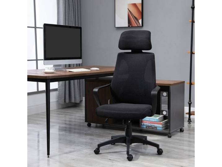 ULEVR Chaise de bureau pivotante noire hauteur réglable fonction bascule appui-tête et accoudoirs dossier en maille