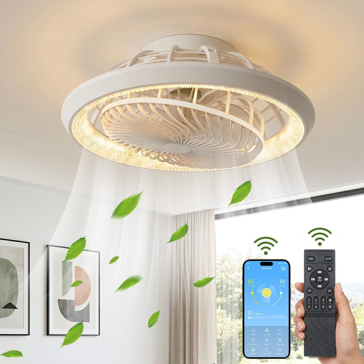 Rosnek Binnenroterende Plafondventilator met Crystal LED Lamp, Wit, Ø49 cm