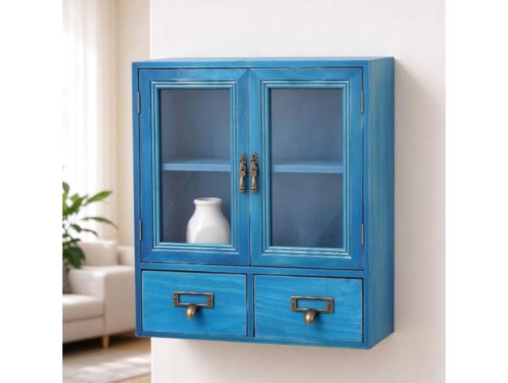 RBXNHGS Vintage Holz Wandschrank mit Doppeltüren für Wandmontage oder Tisch Massivholz, Wandmontierter Organizer, Vintage-Dekor, Stauraum, Küche Bad(Blue1)
