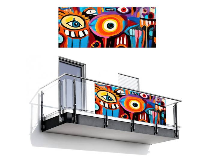 MuchoWow Balkon-Sichtschutz Abstrakt - Gesicht - Farbenfroh, Mehrfarbig, Kunststoff, Rechteckig, 300x120 cm, Sonnenschutz, Sichtschutz