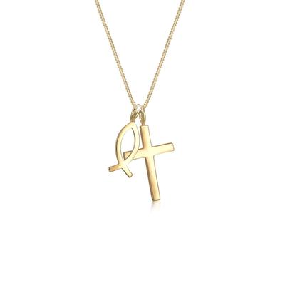 Kette mit Anhänger ELLI "Kreuz Fisch Symbol Religion 925 Silber" Gr. 45, gold, Halsketten, Damen, 45, ohne Stein, Silber 925 (Sterlingsilber), L: 45