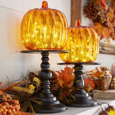 "11""H x 6""Diam. Pre-Lit Mercury Glass Pumpkin on Metal Stand by BrylaneHome in Orange Fall Decor Light Up Decoration"