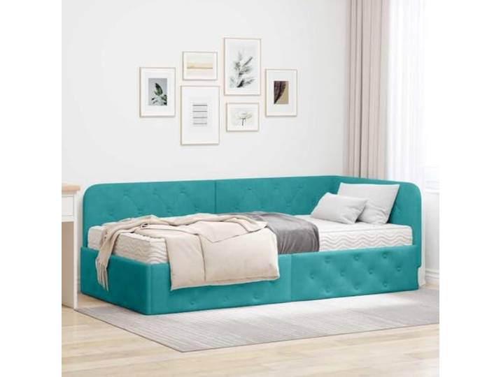 WDGJJFECNMUEHI Samt Eckbettgestell L Design Schlafsofa 100x200 cm Türkis Eckbettgestell mit Matratze Türkis 100 x 200 cm Samt L-Form Schlafsofa mit Lattenrost für Schlafzimmer Wohnzimmer Gästebett