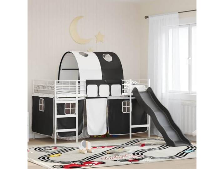 KTHLBRH Bett Loft für Kinder, 107 x 203 cm, Weiß und Schwarz Bogendesign, praktische Vorhänge, Spielplatz inklusive, robuste Struktur