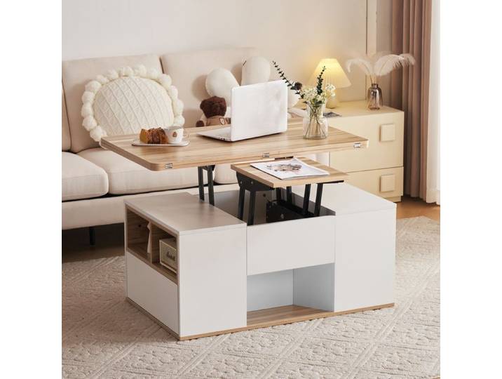 Table basse - Table basse relevable blanche - Relevable - 2 tiroirs & rangements - 100 x 51 x 47 cm