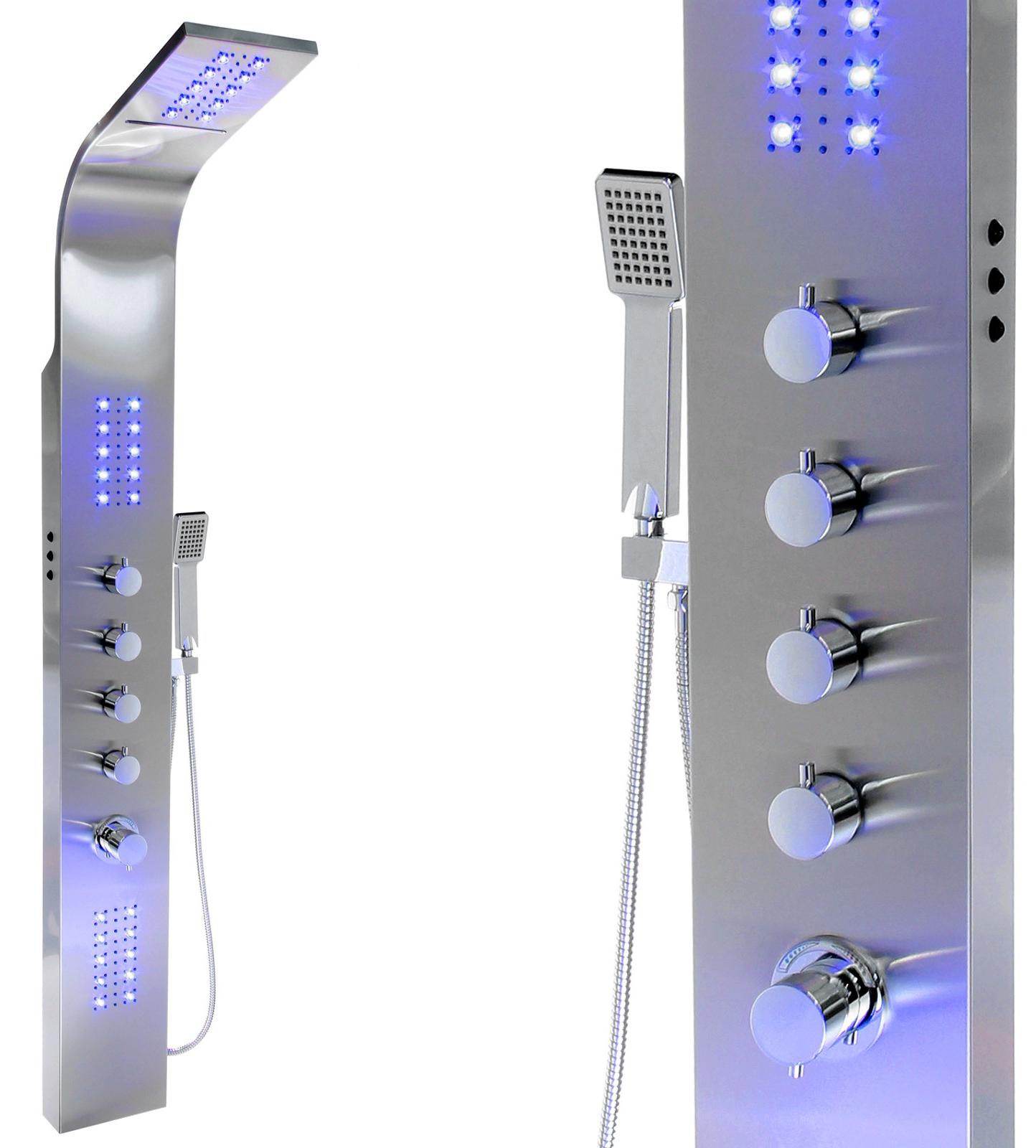 Edelstahl Duschpaneel mit LED Beleuchtung und Multifunktionsregler ( 9997+ ), Eckmontage-Set:mit Eckmontage-Set, Steinkirch Thermostat:mit Thermostat, RGB-Duschkopf Upgrade:ohne RGB-Duschkopf Upgrade