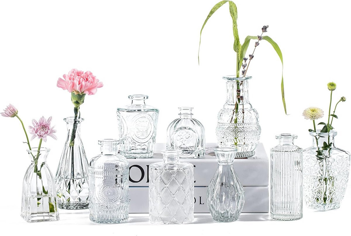 Set van 10 kleine doorzichtige glazen vaasjes voor bloemen en decoratie