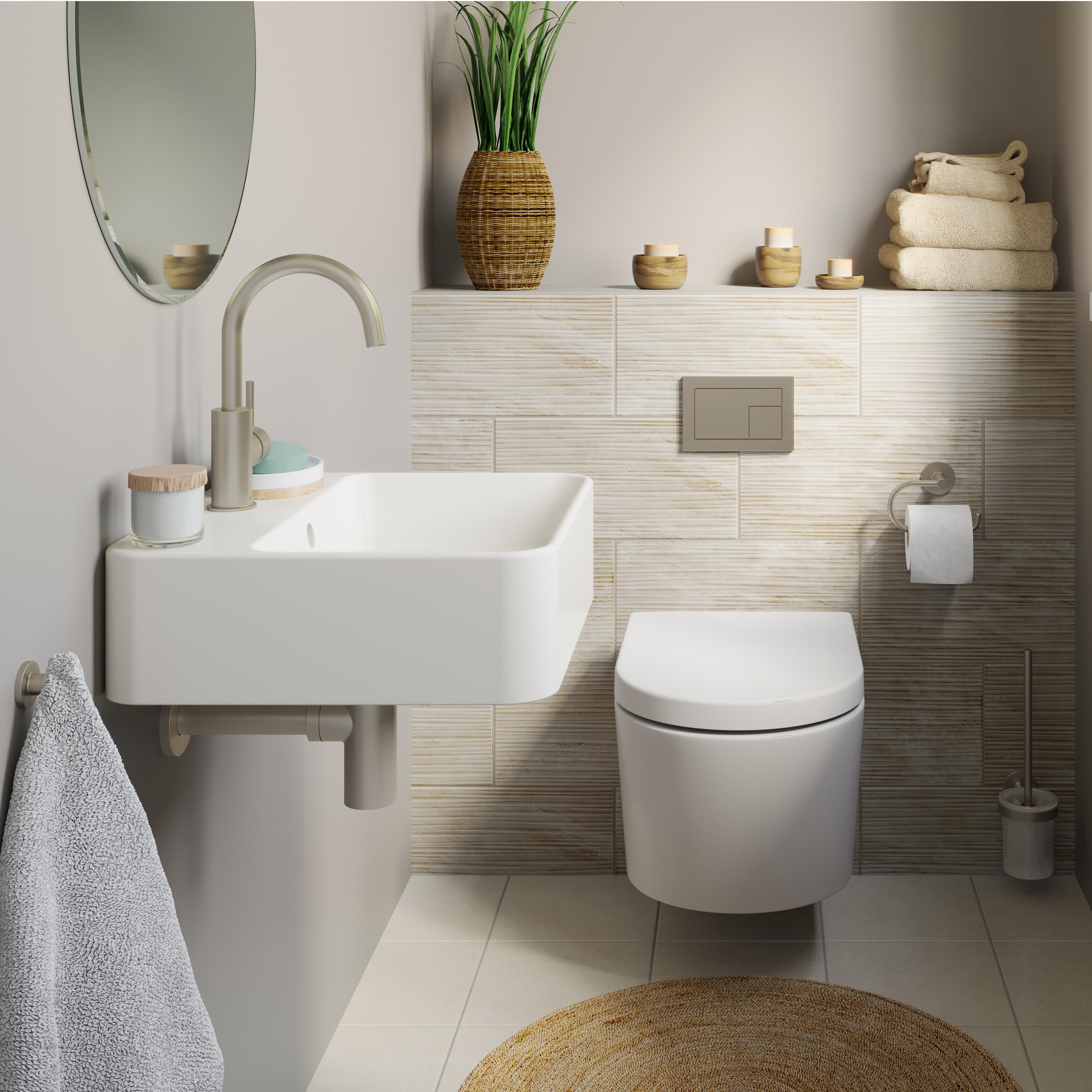 Lenz Gästebad-Set PERFECT FIT 8-teilig Edelstahl - Wand-WC inkl. WC-Sitz mit Absenkautomatik, Waschtisch, Armatur, Siphon & Badaccessoire-Set