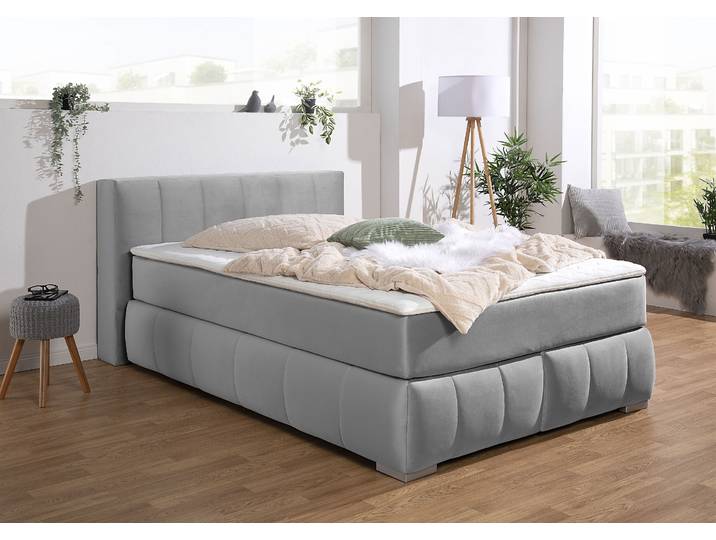Boxspringbett, Samtoptik, Silber, 147×225 cm, Mit Kaltschaumtopper, Klassisch, Home-affaire