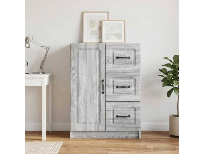 Jkghdrt Sideboard Graues Sonoma 66 x 34,5 x 87 cm Holzwerkstoff 90-Grad-Pendeltüren, Schubladen, Bügelgriffe, verstellbare Regale, pflegeleicht