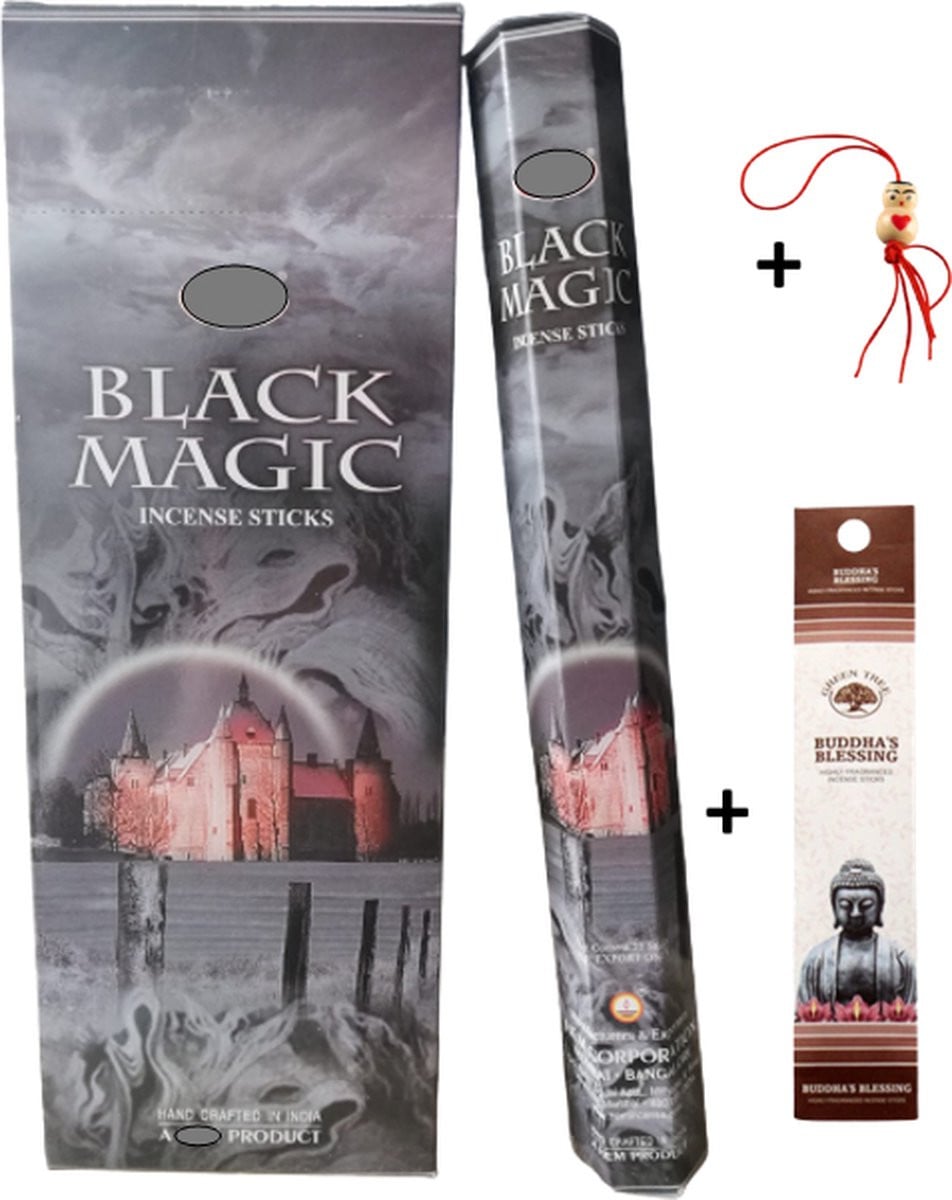 Black Magic Wierookset met 40 wierookstokjes, 5 mini wierookstokjes en gelukspoppetje in 2 kokers