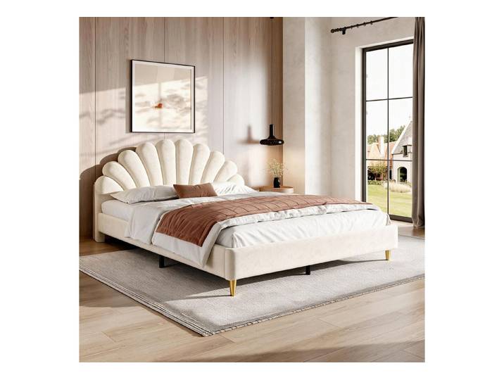 Simurq Polsterbett Doppelbett,Mädchen Bett,Kinderbett 140x200 mit Lattenrost,Beige (Versand in 2 Paketen, Prinzessin Bett für kinder/Erwachsenen,Ohne Matratze), Bettgestell mit Kopfteil,Jugendbett Gästebett aus Samtstoff
