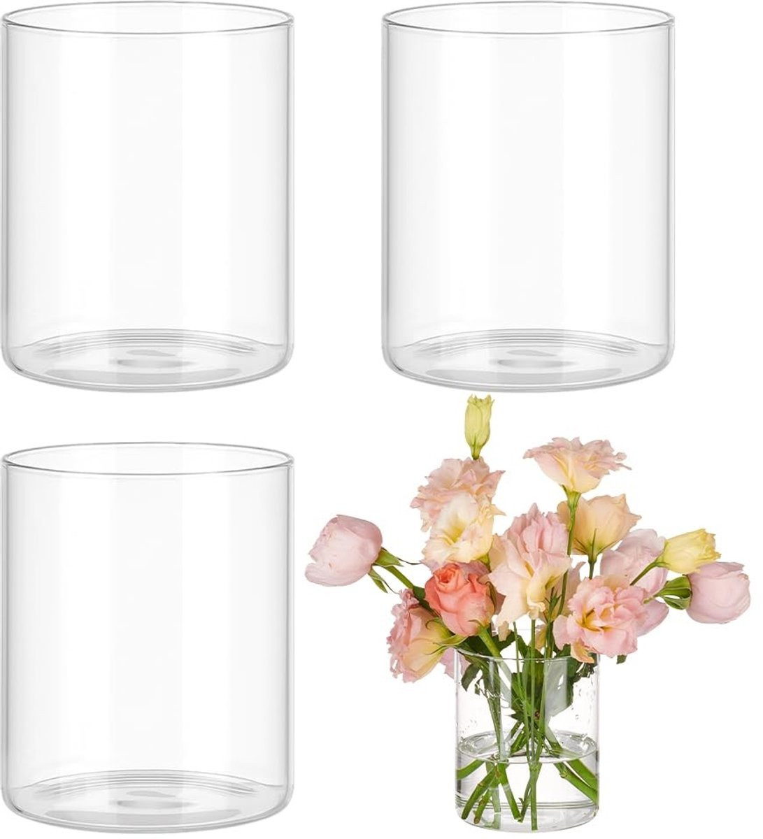 Set van 4 transparante glazen cilindervazen van 12 cm voor decoratie