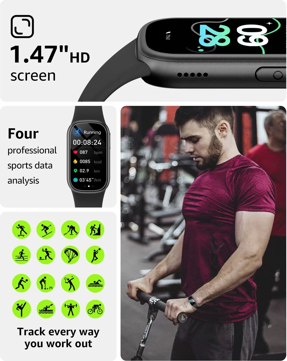 INF Multifunktions-Smartwatch mit Bluetooth-Anrufen, 1.47in quadratischem TFT, IP68, 150mAh, kompatibel mit Da Fit Schwarz