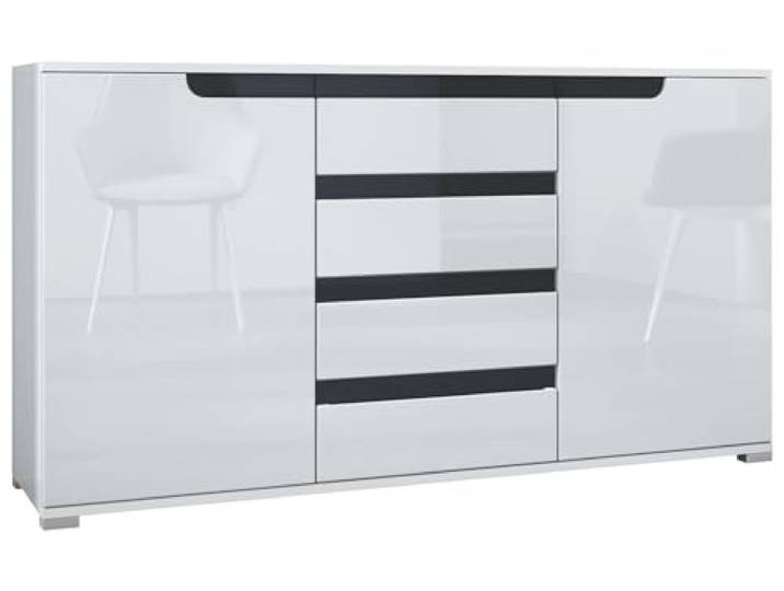 Vladon Sideboard Sylt V1, Kommode mit 2 Türen und 4 Schubladen, Korpus - Weiß matt/Front - Weiß Hochglanz/Absetzung - Schwarz Hochglanz (138,5 x 75,5 x 35 cm)