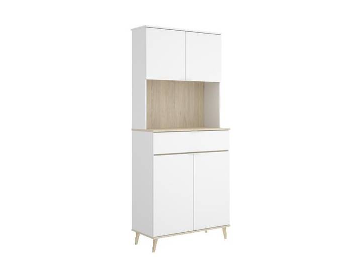 Armoire buffet de cuisine à 4 portes 1 tiroir et 1 niche centrale coloris blanc/naturel
