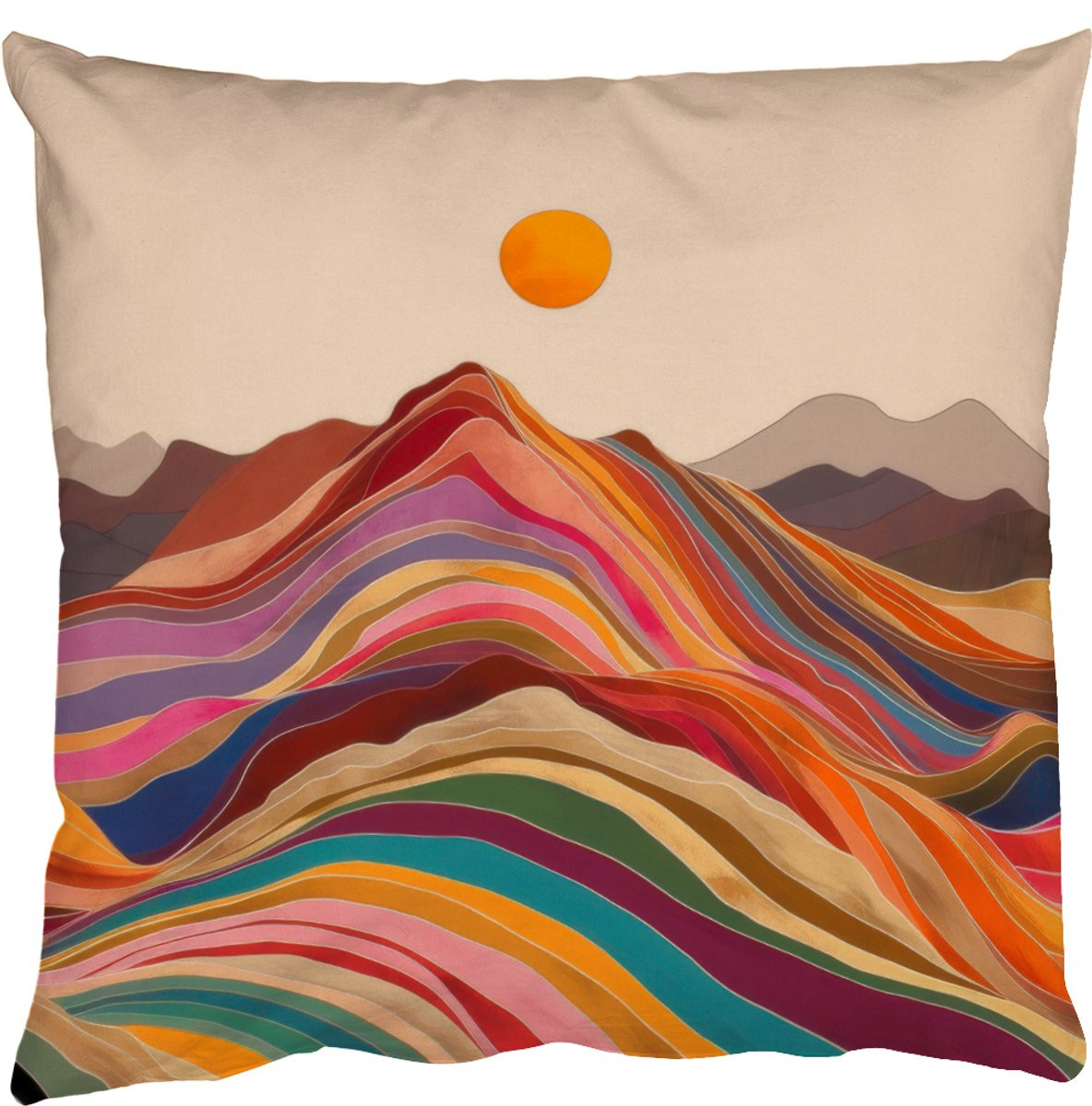 PillowMonkey Sierkussen Zon Kleurrijk Landschap Bergen 50 x 50 cm