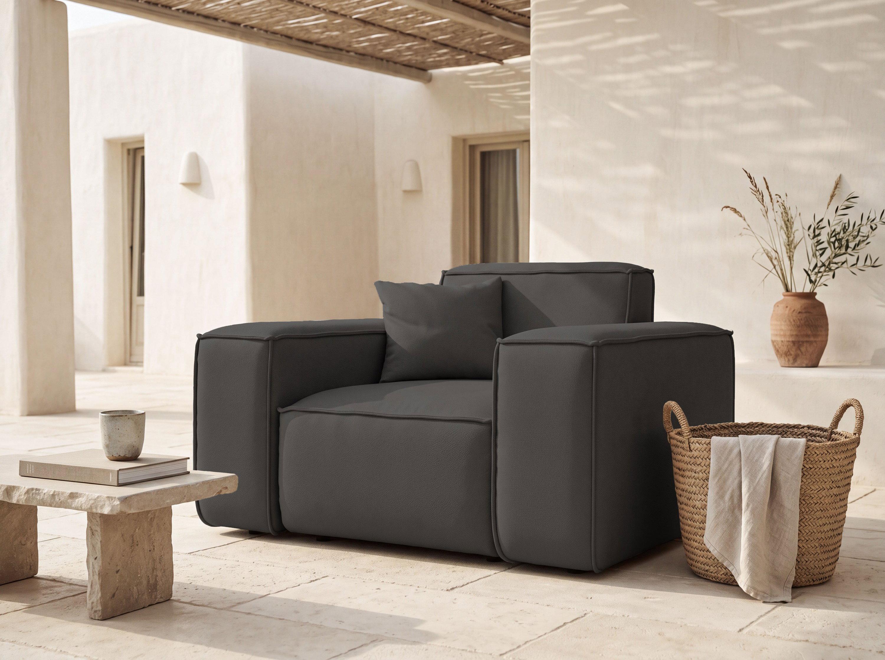 Gartensessel Outdoor - Polster-Loungesessel für Terrasse, Balkon, Wintergarten - Freistehender Patio-Sessel mit Armlehnen - Pflegeleichter Kunstleder-Bezug - Lorento, EU - Dunkelgrau