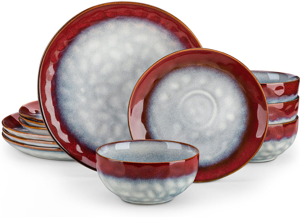 Vancasso 12 Pieces Dinnerware Set, Dinner Plate, Dessert Plate And Bowl Set For 4 Person, Ceramic Dinnerware Red 12